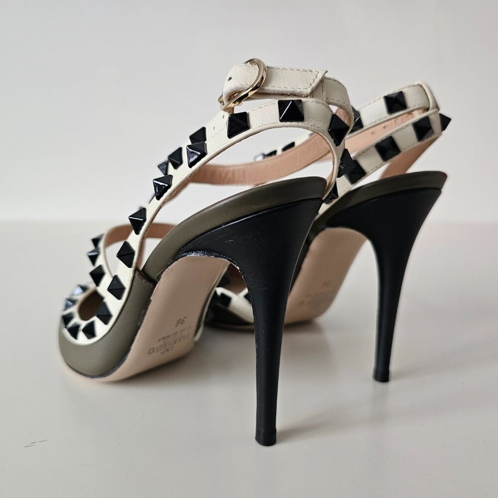 AUTH VALENTINO GARAVANI Rockstud Taupe Green Ankle Strap Shoe Heels 36/6, 100mm - Picture 7 of 15